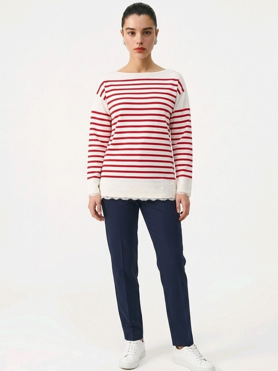 Dolce & Gabbana Sweaters - Dolce & Gabbana Red and White Striped Crewneck Sweater with Lace Hem Size 44